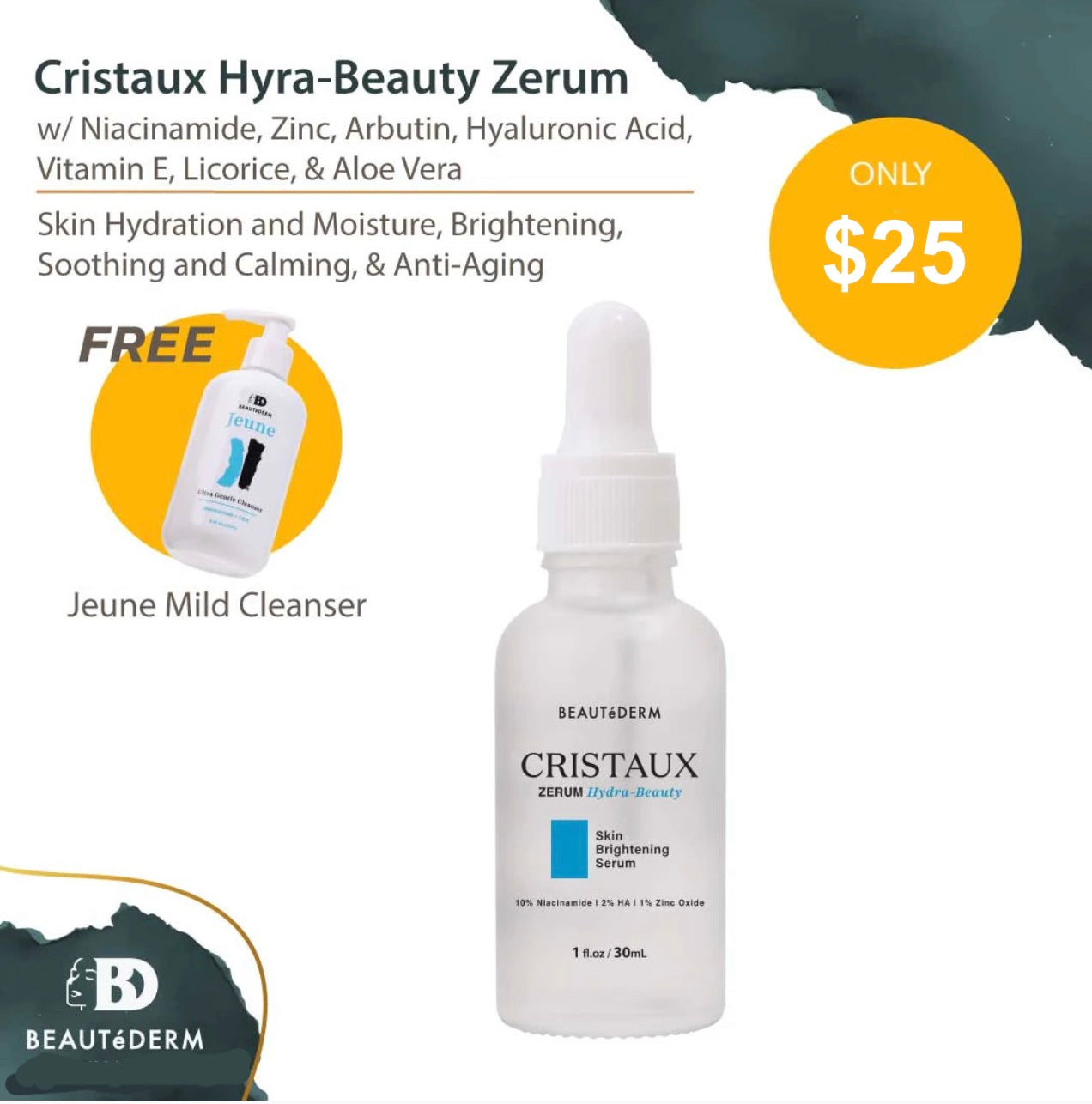 Cristaux Zerum Hydra-beauty Skin Brightening Serum 30ML with FREE Night Cream 3 (10gm)