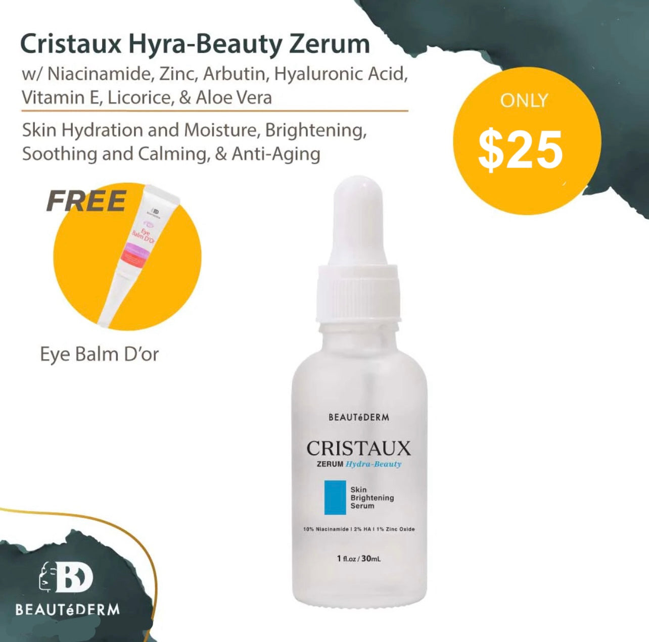 Cristaux Zerum Hydra-beauty Skin Brightening Serum 30ML with FREEBIE